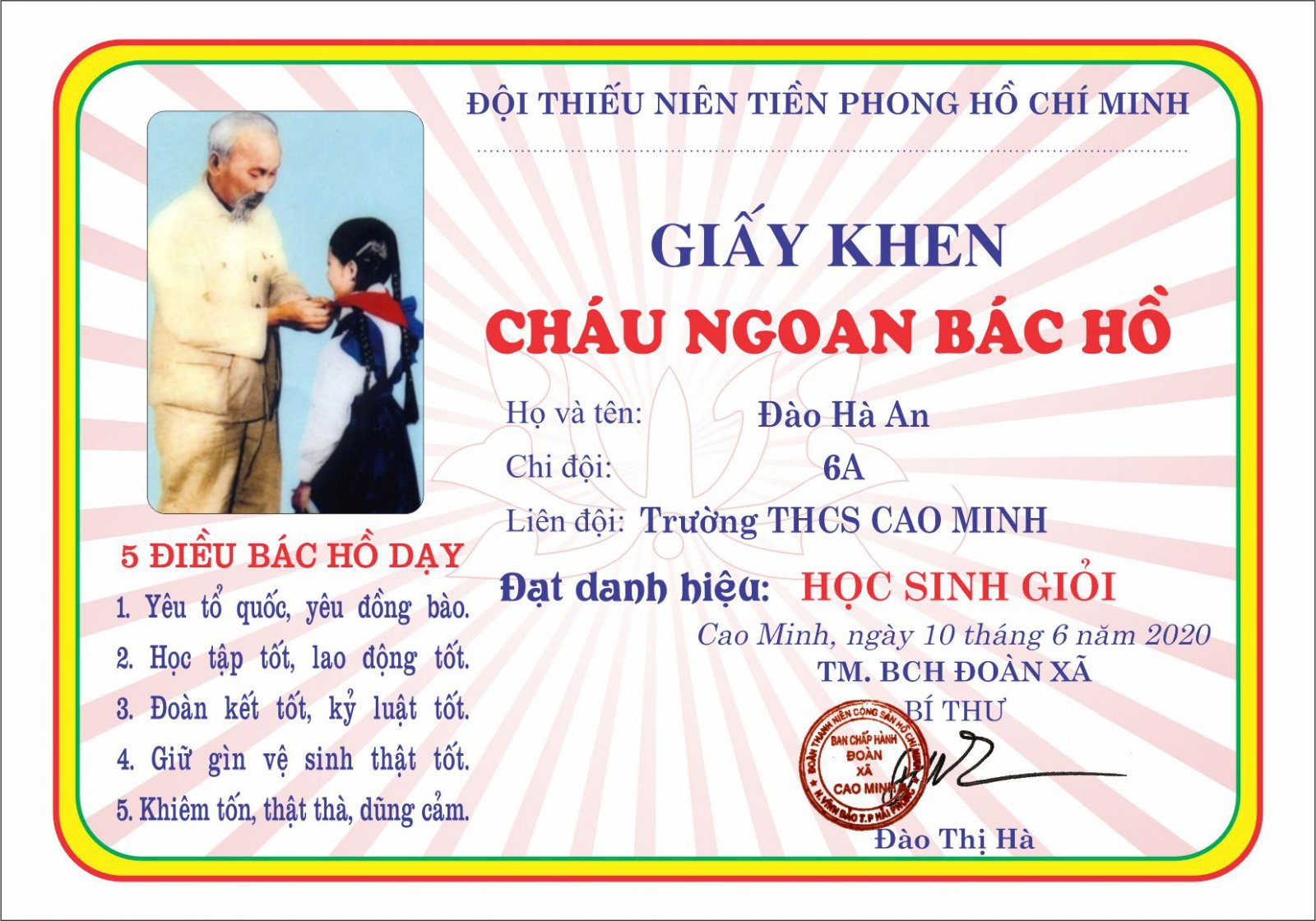 Mẫu giấy khen cháu ngoan Bác Hồ