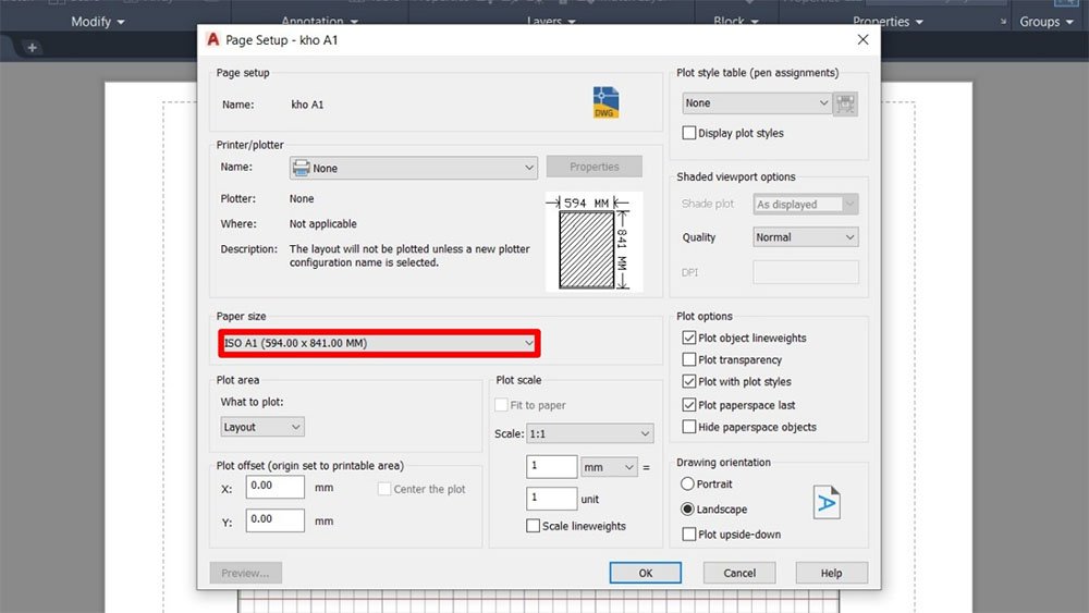 Cách chọn giấy kích thước khổ giấy A1 trong AutoCAD