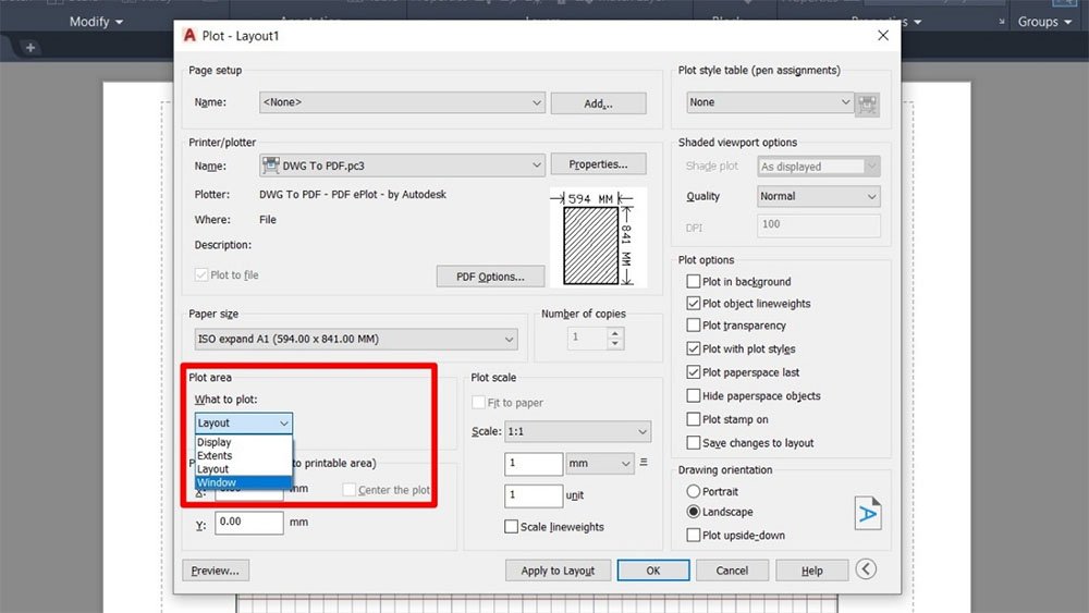 Hướng dẫn cách in kích thước khổ giấy A1 trong AutoCAD