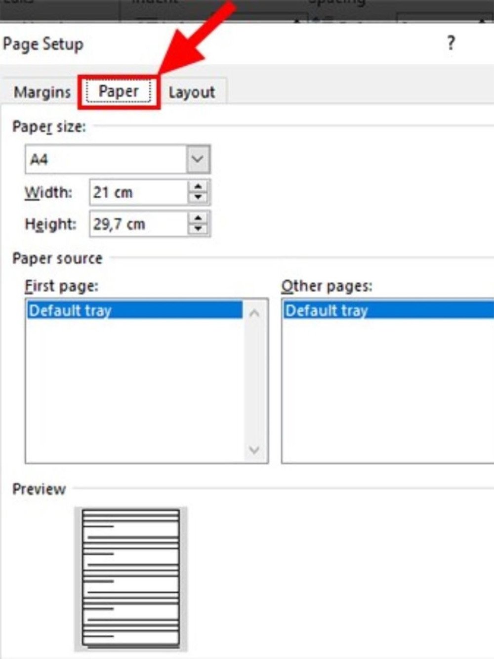 Chọn mục Paper