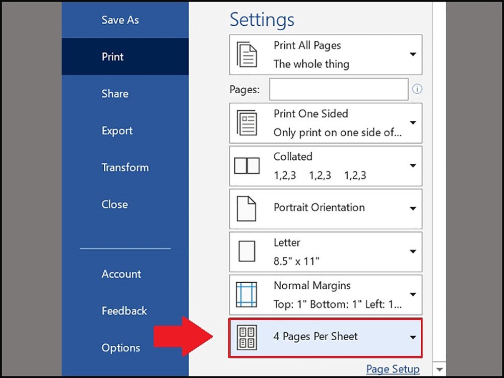 Chọn 4 Pages Per Sheet để chọn in khổ giấy a6