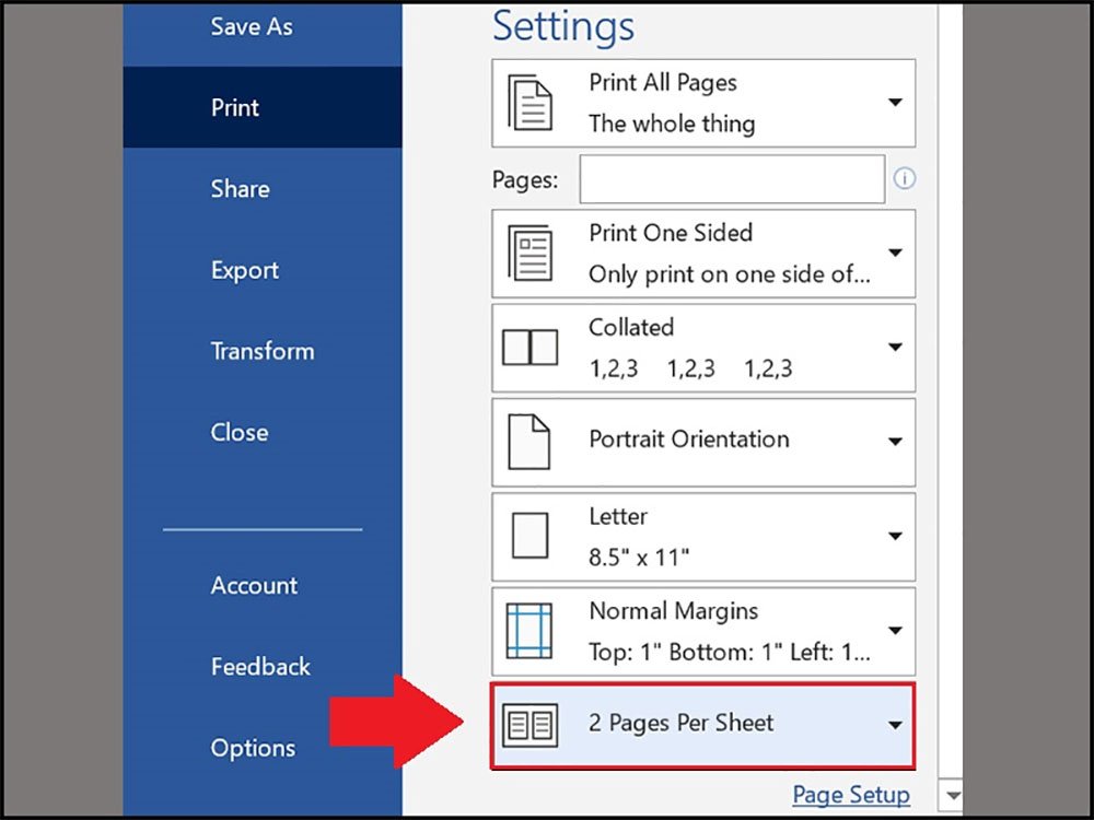 Chọn 2 Pages Per Sheet để chọn in khổ giấy a6