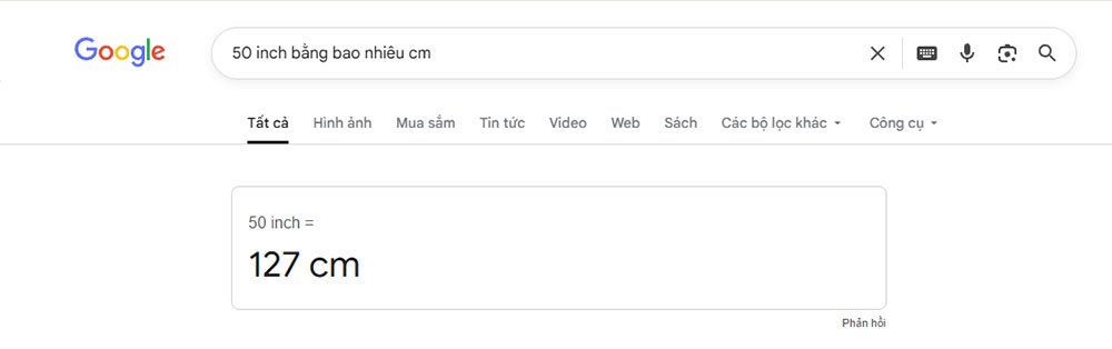 Đổi online đơn vị Inch trên Google