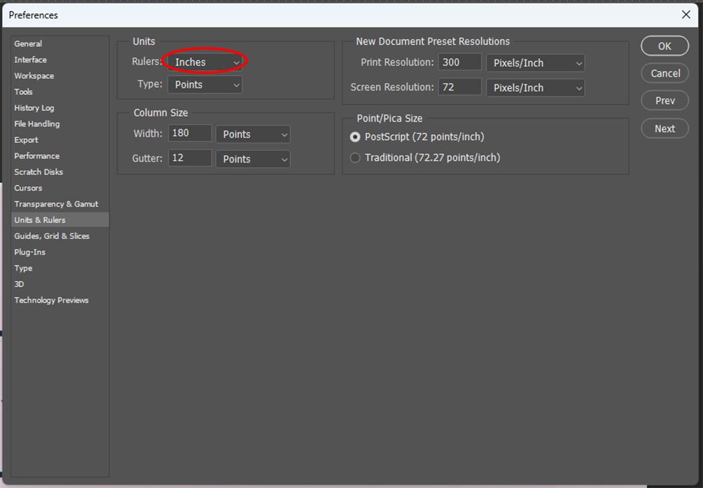 Thiết lập đơn vị inch trên photoshop 1