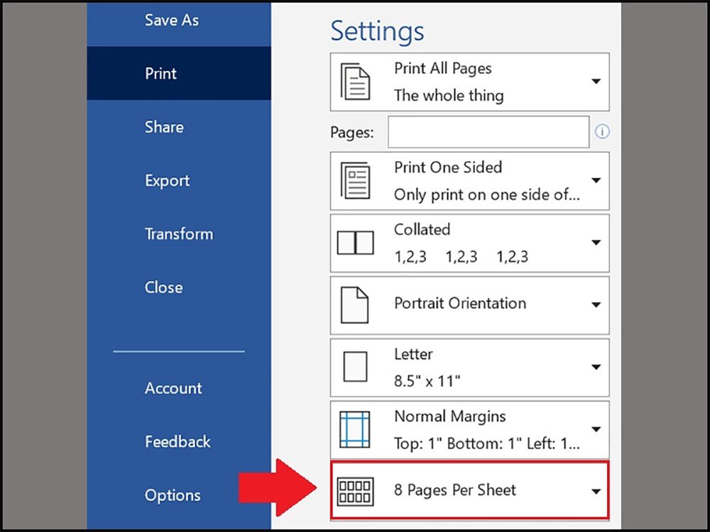 Chọn 8 Pages Per Sheet để in khổ giấy a7 trên khổ a4