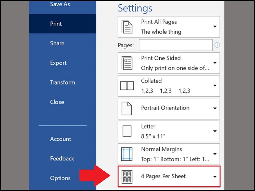 Chọn 4 Pages Per Sheet để in khổ giấy a7 trên khổ giấy a5