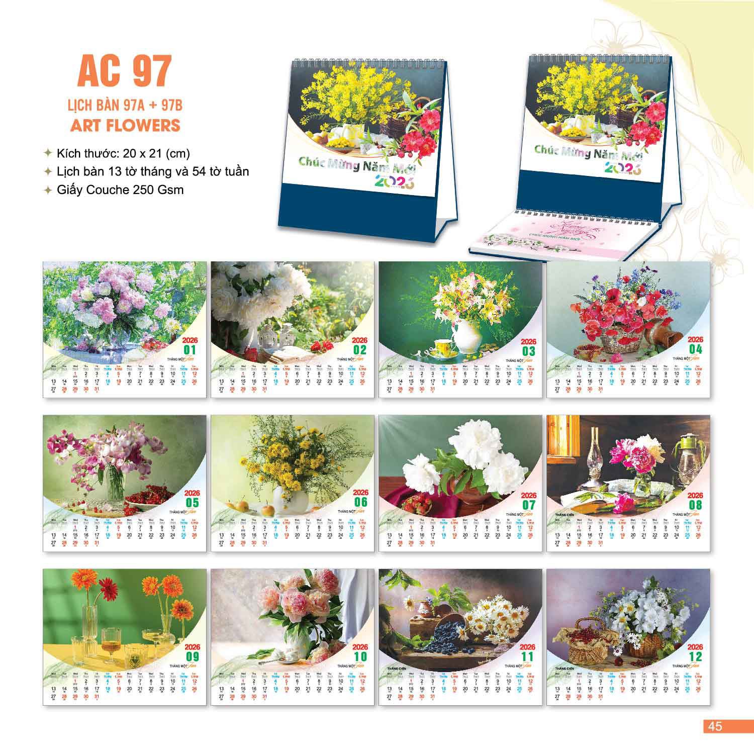 Lịch để bàn chữ M - kích thước lịch để bàn